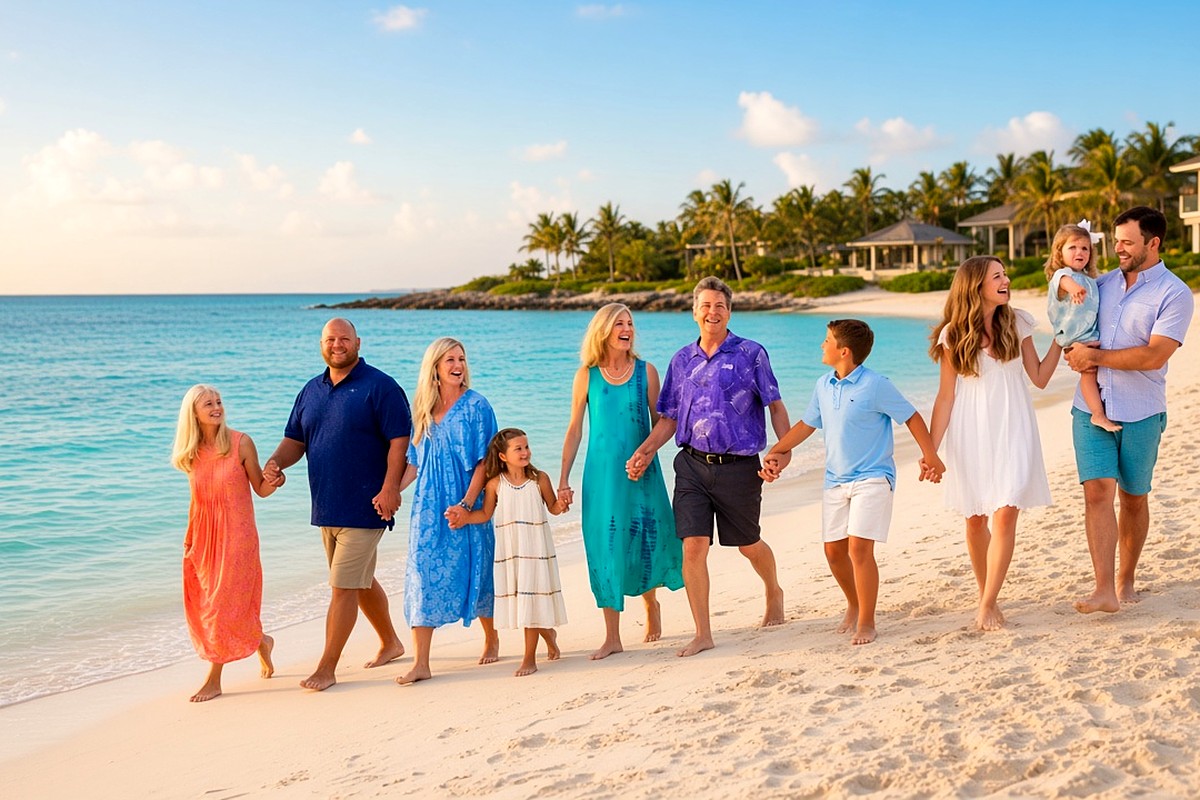 Multi-generational family walking hand-in-hand along a sunny tropical beach